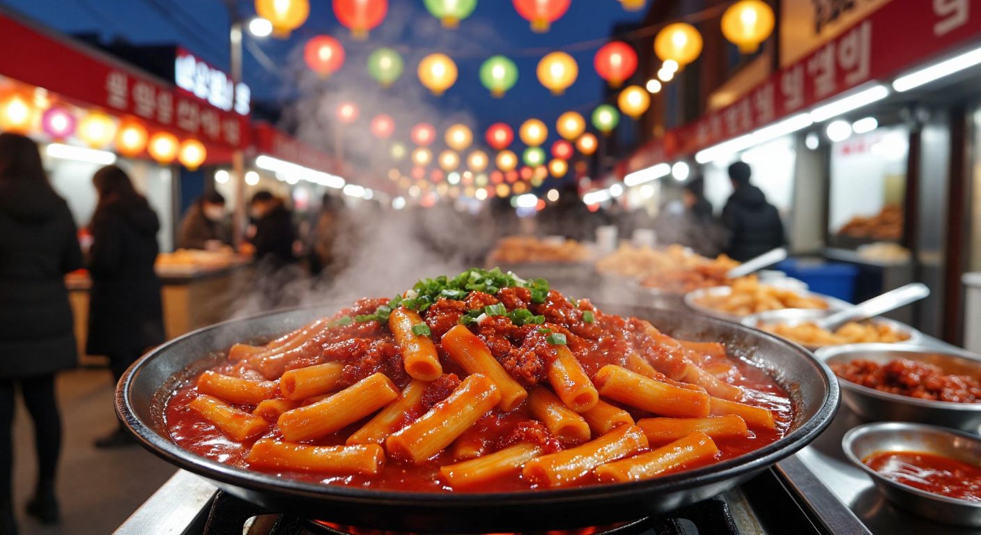 A steaming plate of bright red tteokbokki with chewy rice cakes glazed in spicy-sweet sauce, served on a bustling Korean street food stall with colorful lanterns overhead.