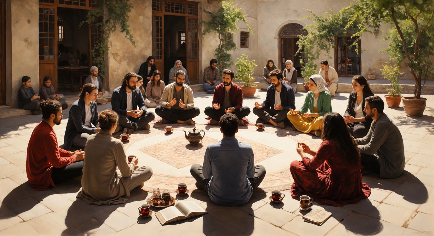 A diverse group of people sitting in a circle in a sunlit courtyard, leaning in attentively with open palms and nodding heads, surrounded by steaming cups of Turkish tea and scattered notes.