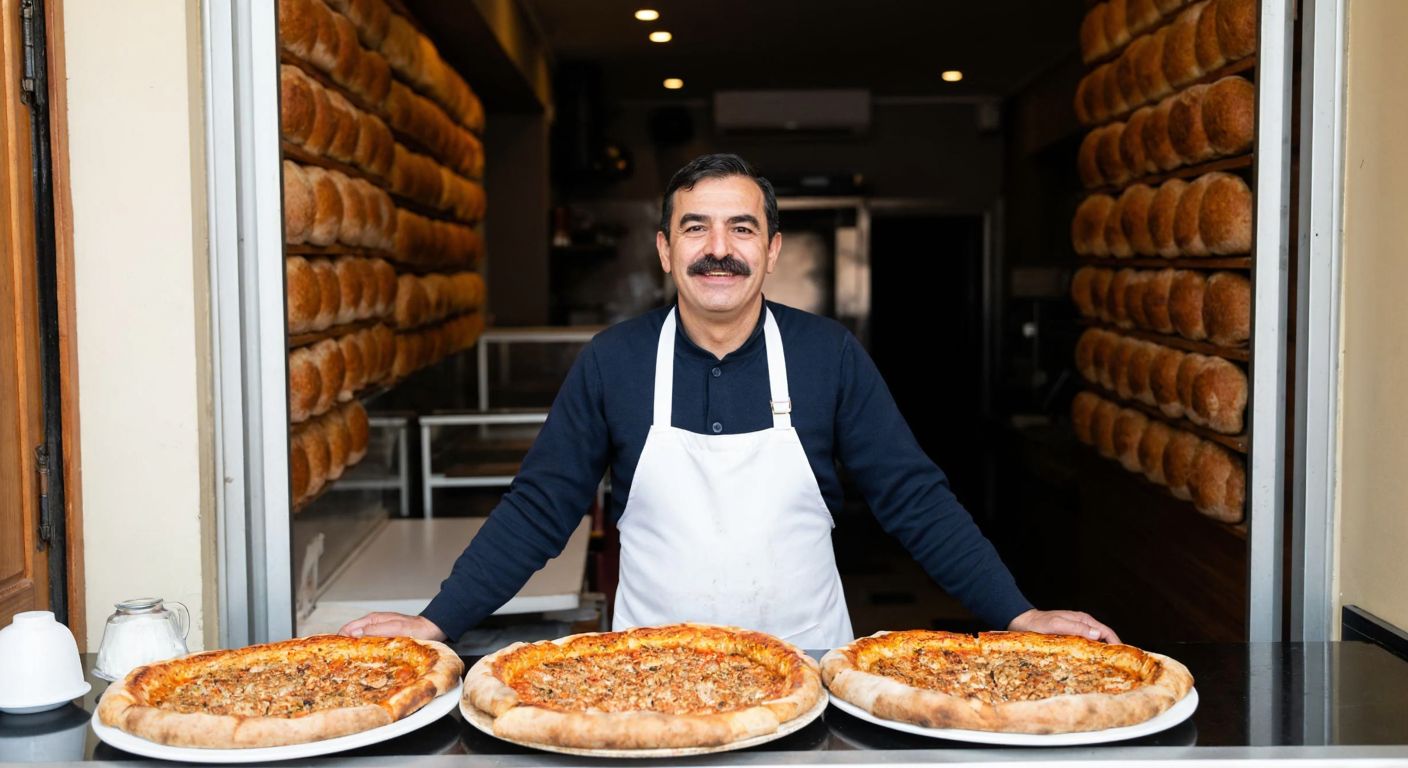 A smiling middle-aged man with a mustache, wearing a white apron, stands proudly behind a counter displaying freshly baked Bafra pide in a cozy Turkish eatery.