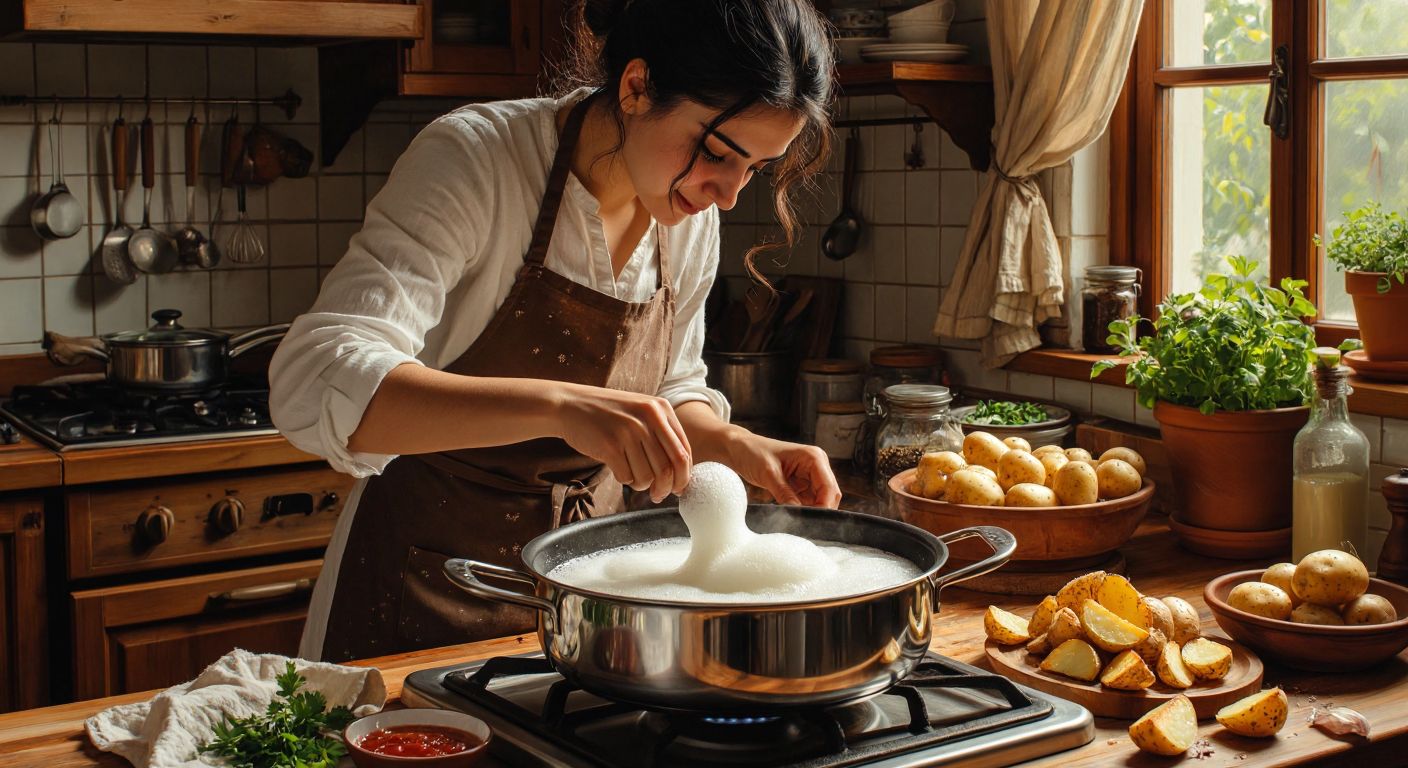 A Turkish woman in a cozy kitchen, wearing an apron, carefully lowering a lid onto a sizzling pot of frying oil with white foam, while fresh-cut potatoes dry on a cloth nearby.