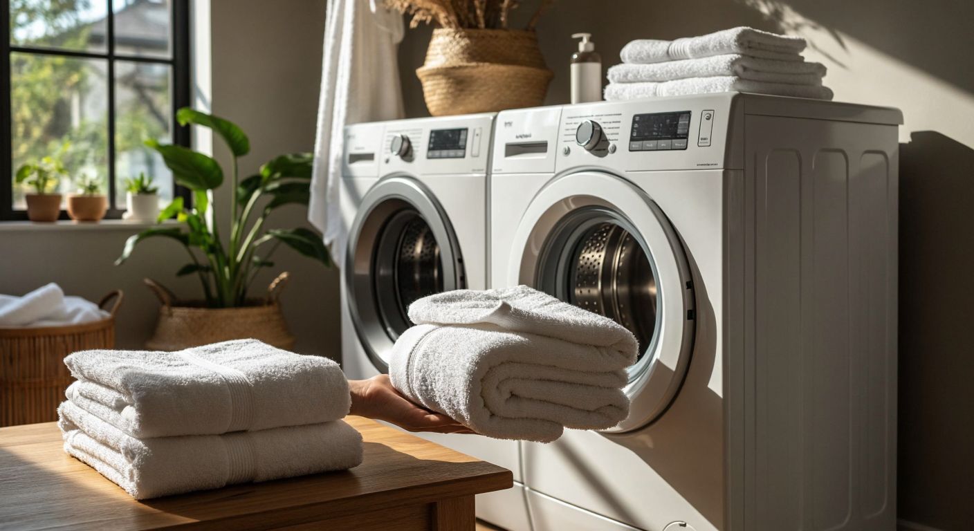 A hand holding a clean white drum from a washing machine next to a printer drum, both placed on a wooden table in a sunlit Turkish laundry room with neatly folded towels nearby.