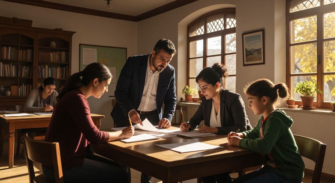 A diverse group of educators, a school administrator, a guidance counselor, and a parent sit around a wooden table in a sunlit Turkish classroom, collaboratively reviewing documents with a young student, conveying teamwork and focused discussion.