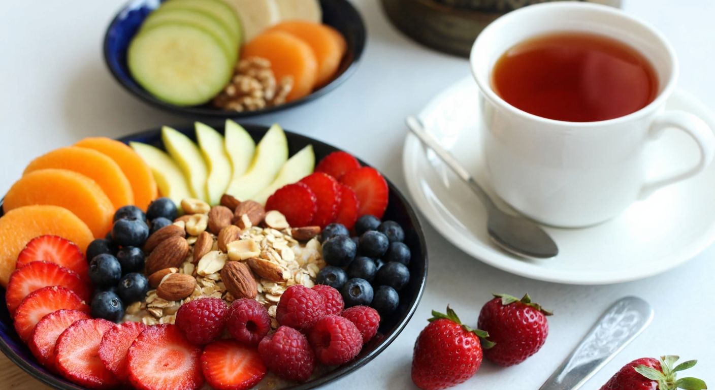 A vibrant Turkish breakfast table featuring a colorful oat bowl topped with fresh fruits, nuts, and honey, alongside a steaming cup of çay, evoking warmth and health.