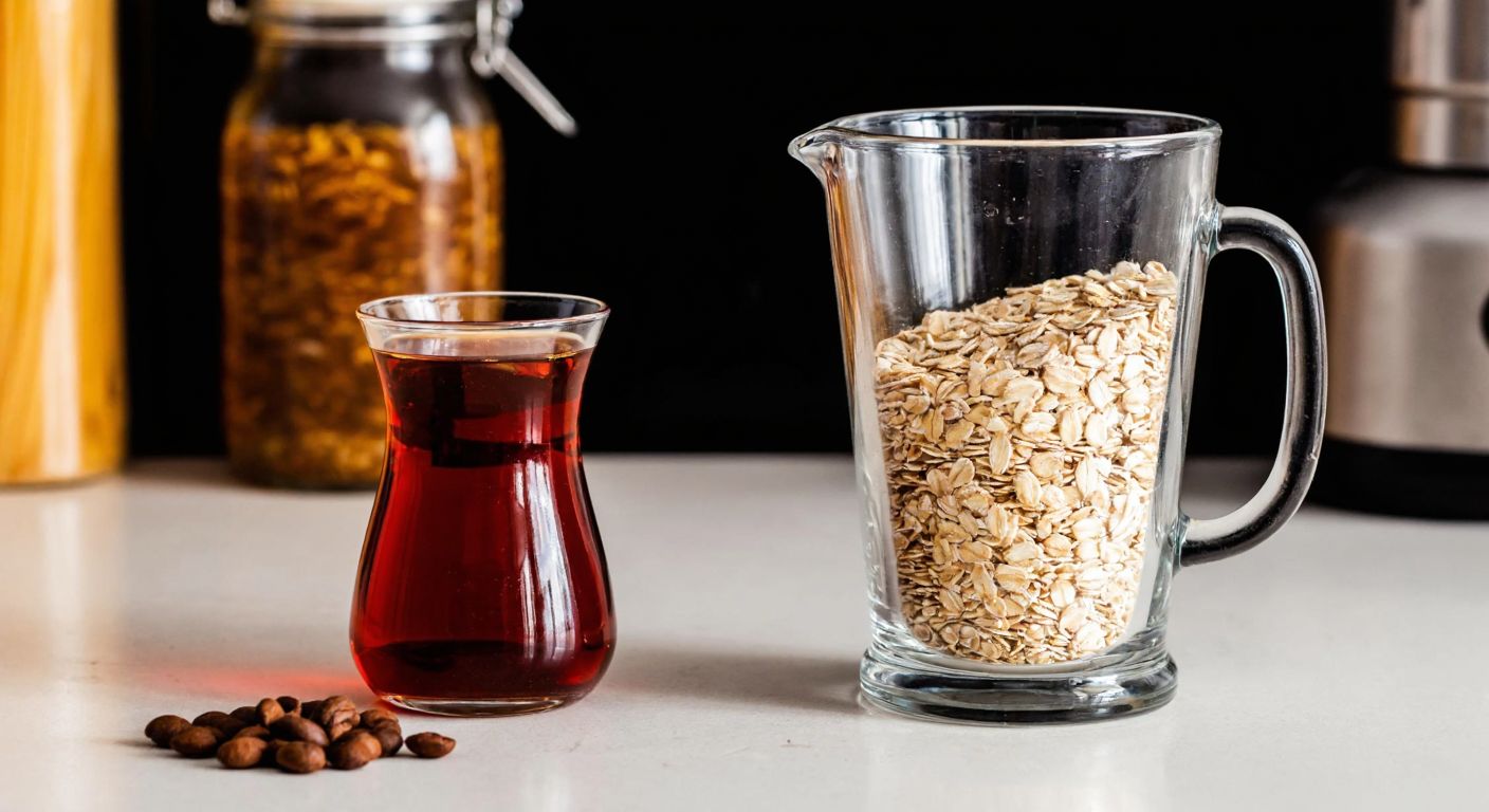 A rustic Turkish kitchen counter with a clear glass measuring cup filled with golden oats next to a traditional Turkish tea glass for scale.