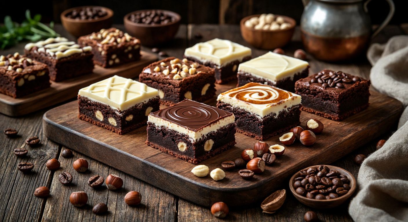 A rustic wooden table in a cozy Turkish kitchen holds a spread of warm, gooey brownie variations—white chocolate-drizzled squares, nut-studded slices, coffee-infused wedges, and a vegan tray with sweet potato swirls—surrounded by scattered hazelnuts, coffee beans, and a dusting of cocoa powder.