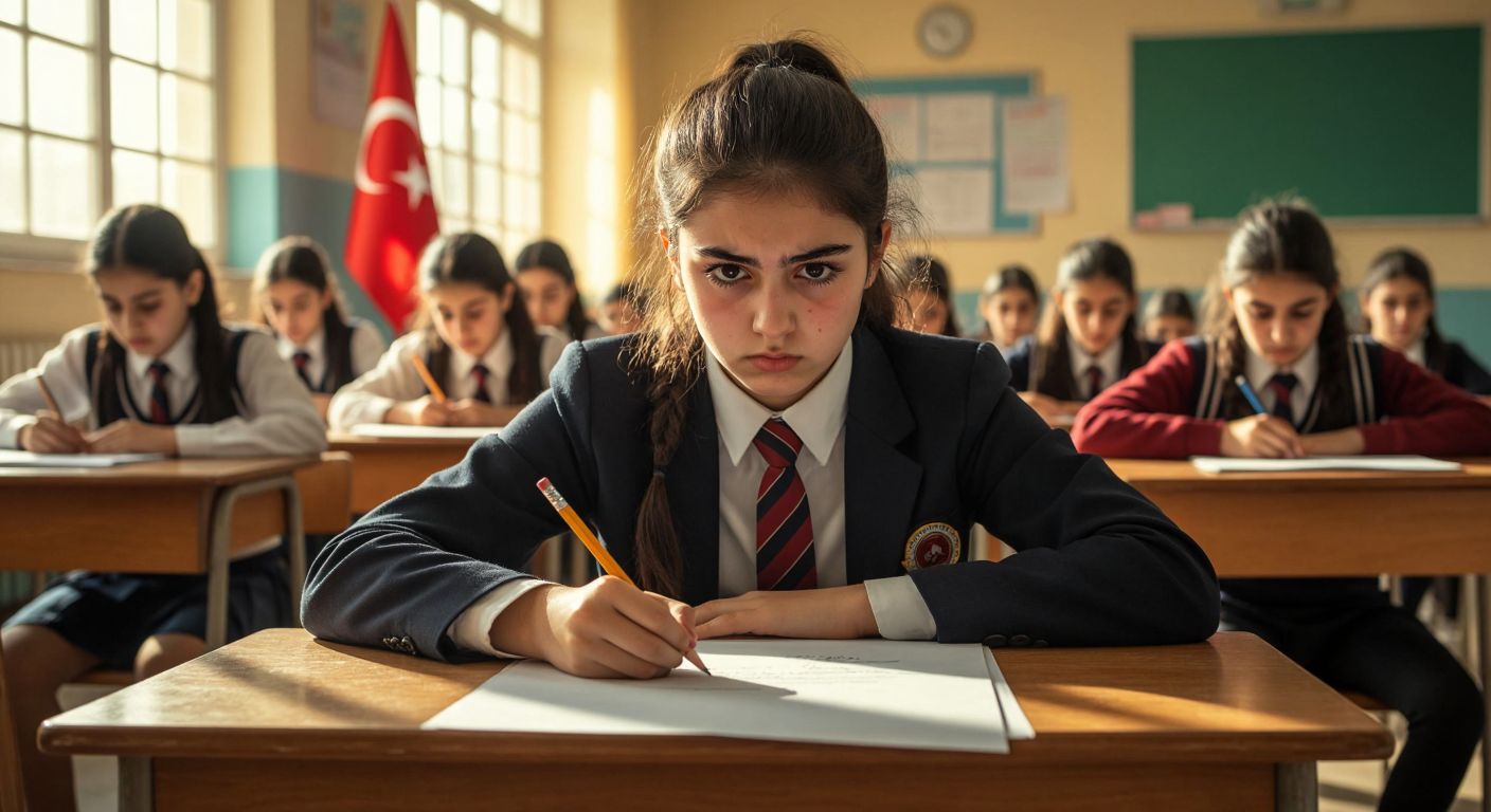 A determined Turkish student in a school uniform sits at a wooden desk, gripping a pencil tightly while staring at a blank exam paper, surrounded by anxious classmates in a sunlit classroom with a Turkish flag in the corner.
