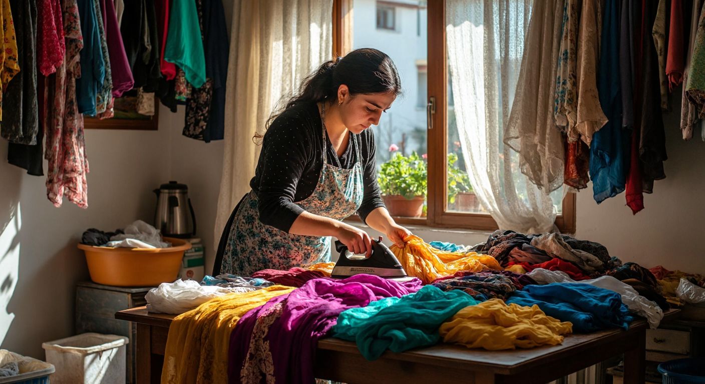 A Turkish woman in a bright, sunlit room carefully adjusts the temperature dial on her iron while sorting through a pile of colorful fabrics—cotton, silk, and polyester—laid out on a wooden table.