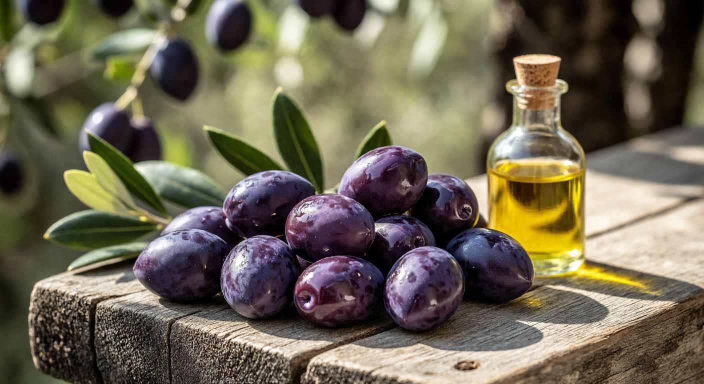 A close-up of plump, dark purple Trilye olives resting on a rustic wooden table next to a small glass vial of golden olive oil, with a Turkish olive farmer in traditional attire examining the olives under sunlight.