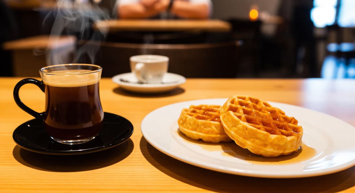 A cozy café scene with a steaming cup of Turkish coffee and a golden, syrup-drizzled waffle on a small plate, surrounded by warm wooden tables and soft lighting.