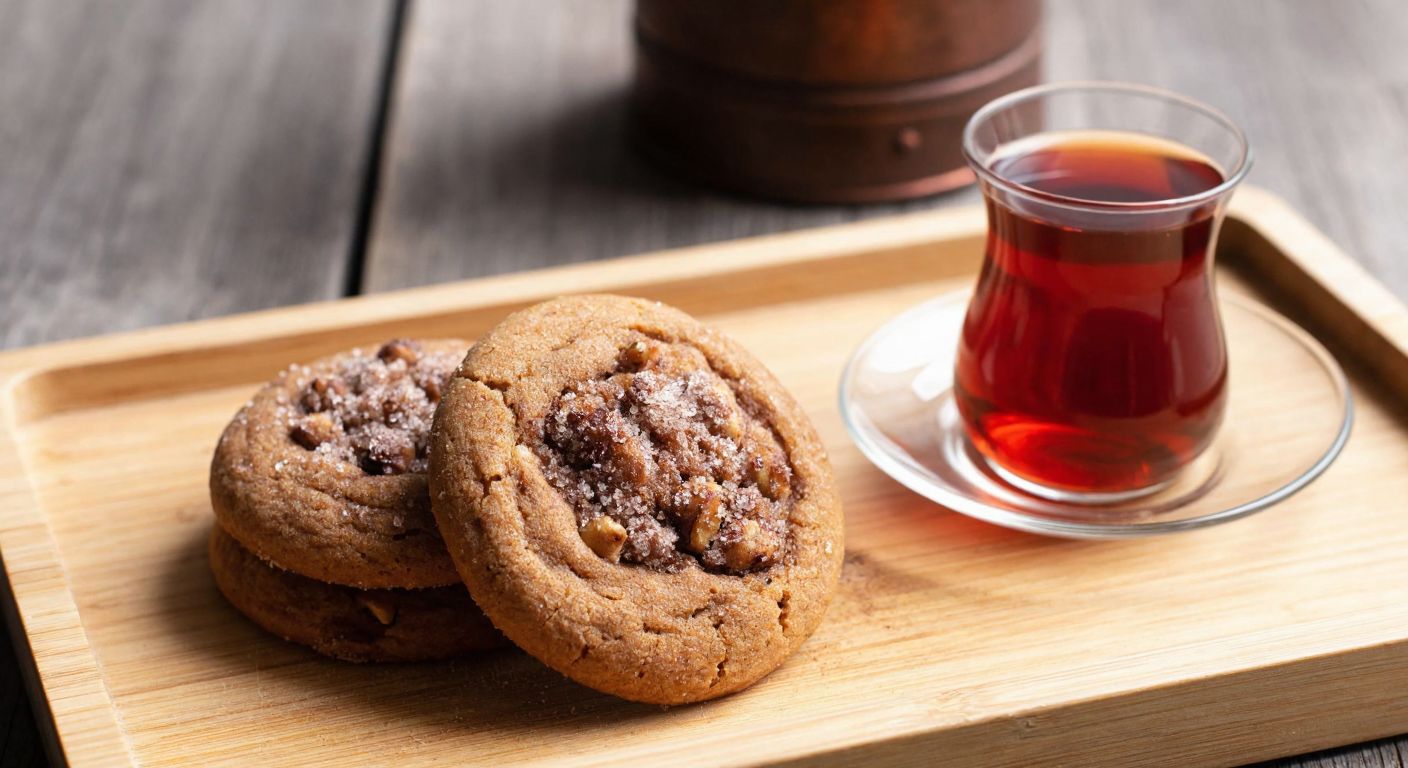 A warm, golden-brown cinnamon hazelnut cookie rests on a rustic wooden tray beside a steaming cup of Turkish tea, with a dusting of powdered sugar and cinnamon on the cookie's surface.