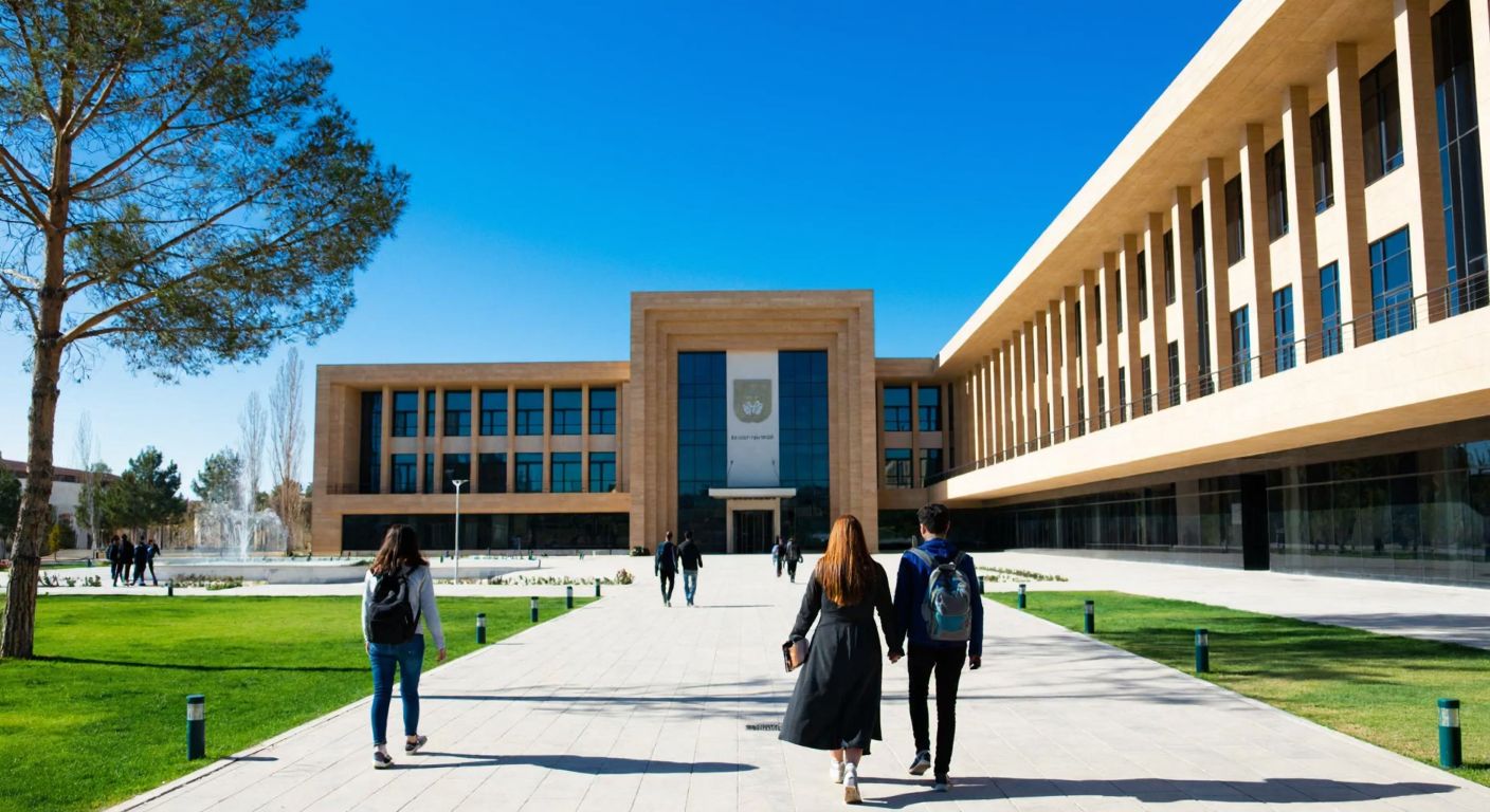 A modern university campus in Şanlıurfa with students walking past a grand administrative building under a bright blue sky, reflecting pride and academic pursuit.