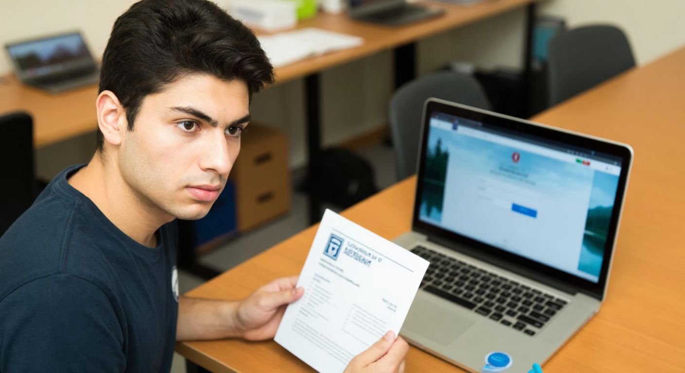A young Turkish student with focused eyes sits at a wooden desk, holding a printed exam entry document, with a laptop displaying a university login page in the background.