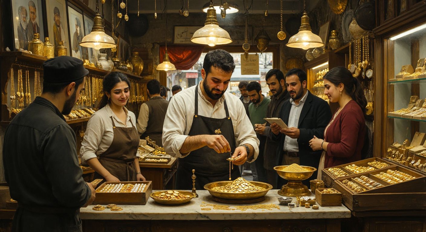 A bustling Turkish jewelry shop with a goldsmith weighing gold on a scale, surrounded by customers expressing mixed emotions—some frowning skeptically while others smile approvingly.