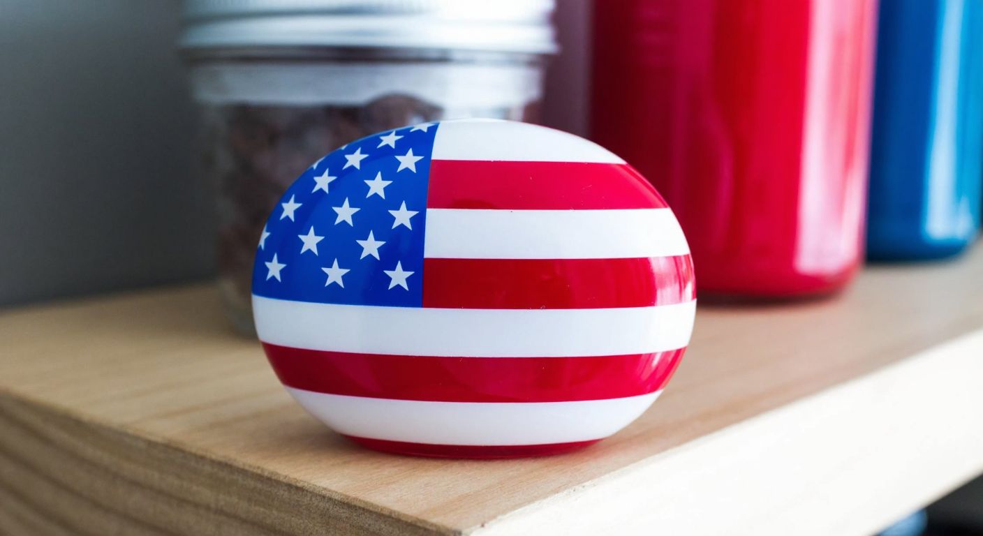 A vibrant, glossy lip balm with the American flag colors (red, white, and blue) resting on a wooden shelf in a sunny California boutique.