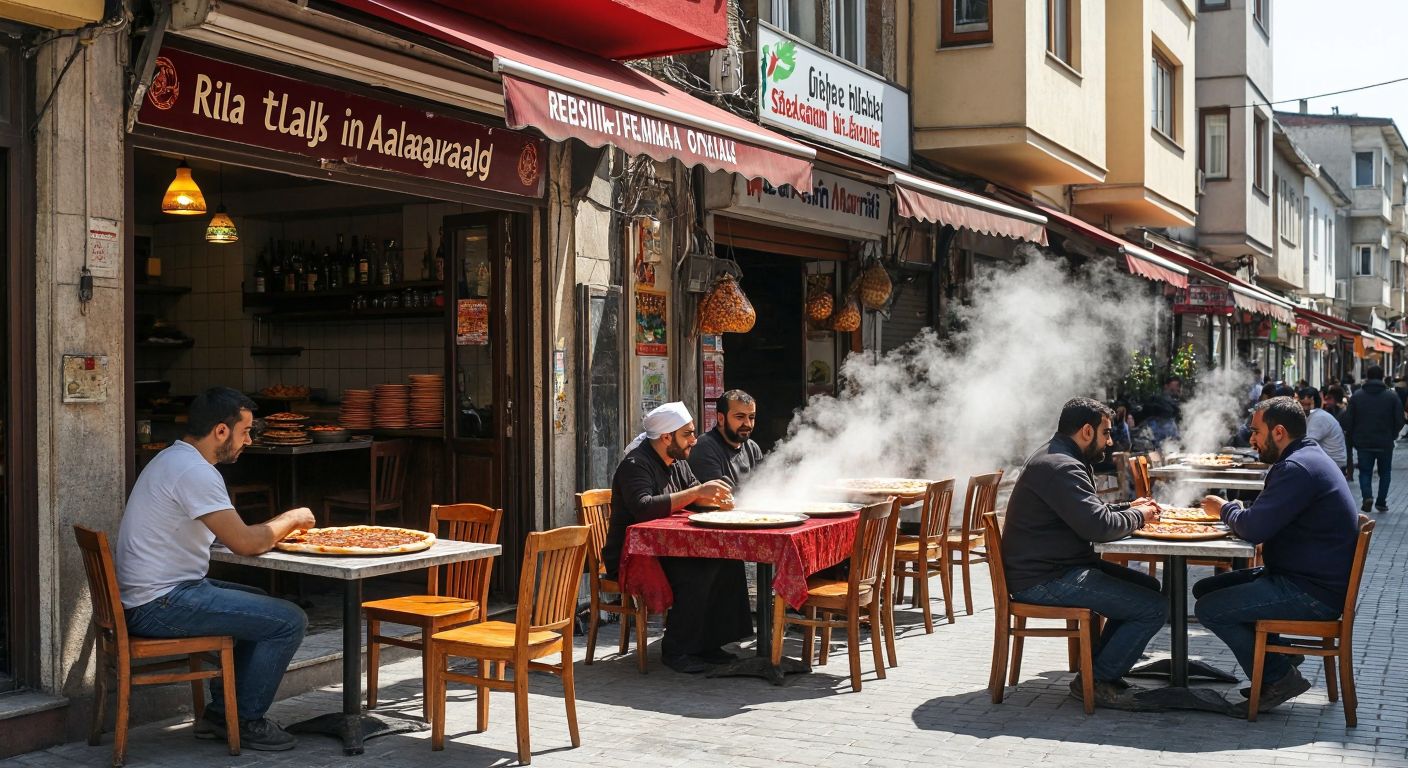 A bustling Turkish street scene with two small restaurants—one in Reşadiye Mahallesi with a signless storefront and steaming lahmacun on tables, and another in Şeyhsinan Mahallesi where a chef flattens dough while locals chat over plates of food.