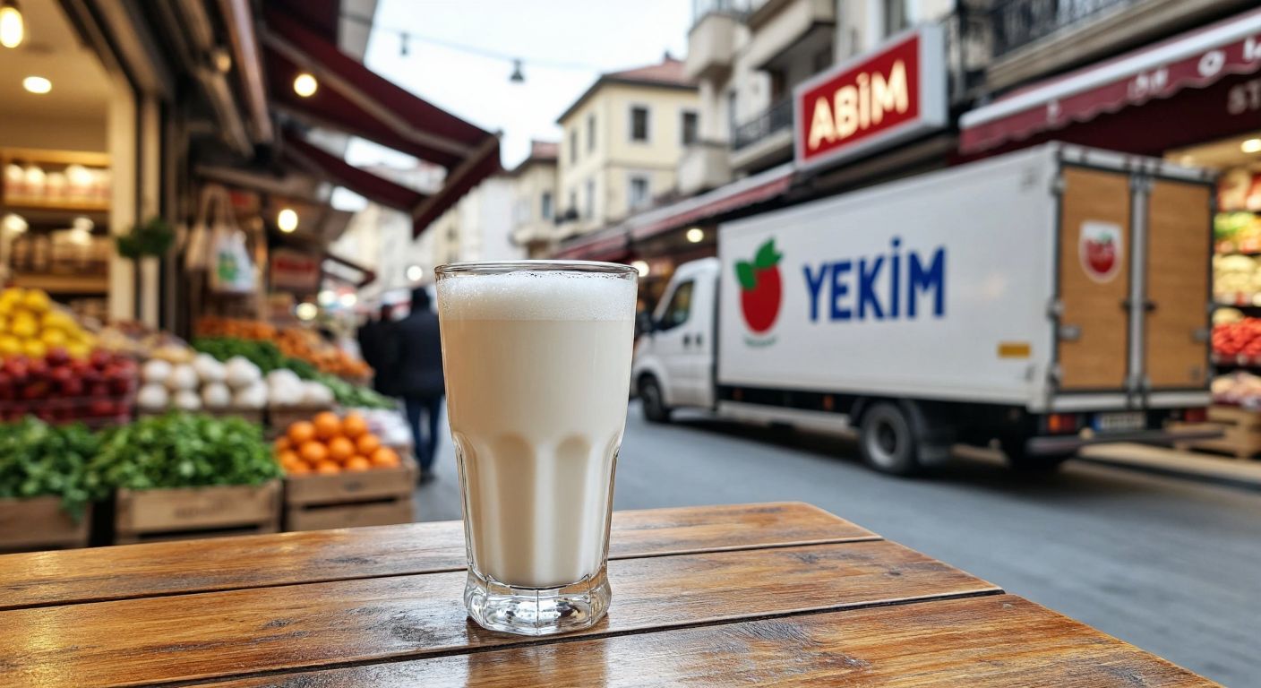 A glass of frothy white ayran sits on a wooden table in a Turkish market, with a **BİM** store sign faintly visible in the background and a **Yelken Gıda** delivery truck parked nearby.