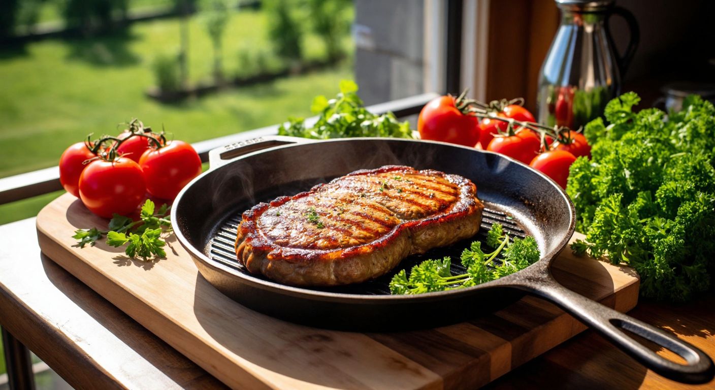A golden-brown seitan steak sizzling on a cast-iron pan, surrounded by fresh vegetables and herbs, with a Turkish vegan chef smiling proudly in a sunlit kitchen.