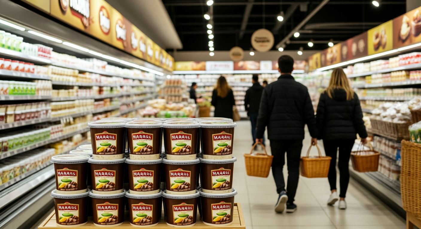 A vibrant Turkish supermarket aisle with neatly stacked containers of Maraş ice cream in chocolate and pistachio flavors, surrounded by shoppers in casual attire holding shopping baskets under warm lighting.