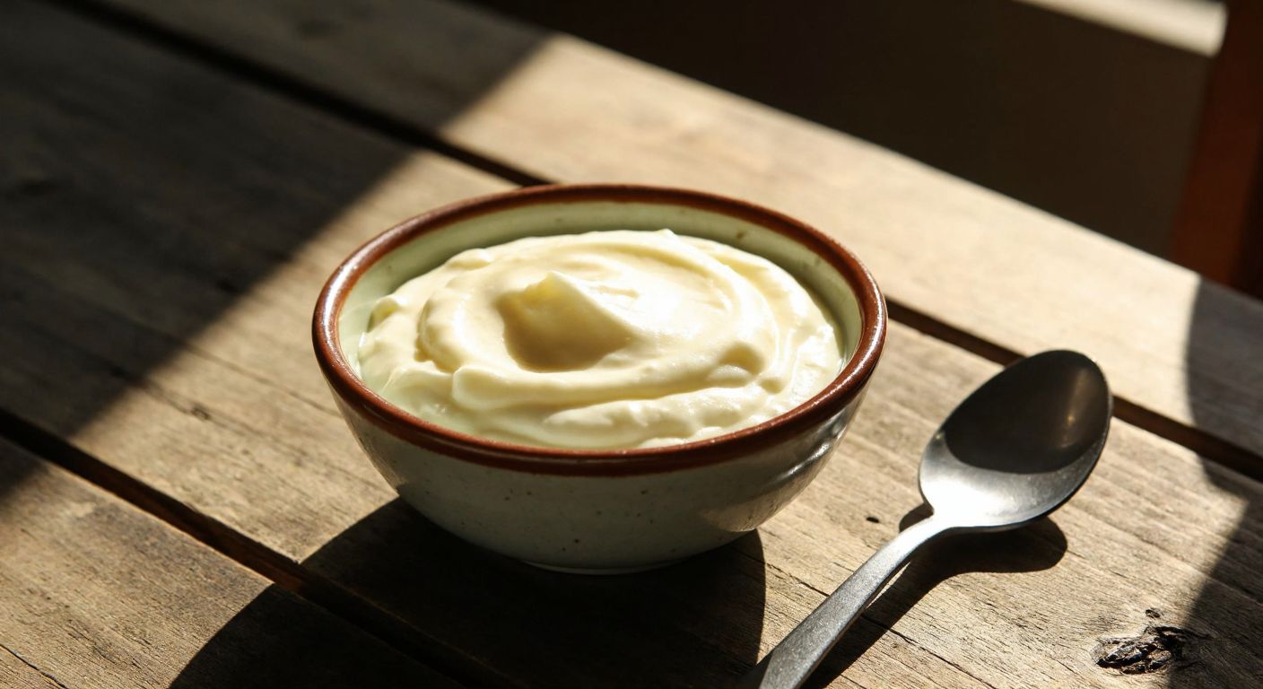 A small ceramic bowl of creamy Turkish kaymak sits on a rustic wooden table under warm sunlight, with a spoon resting beside it and a faint hint of condensation forming on the surface.