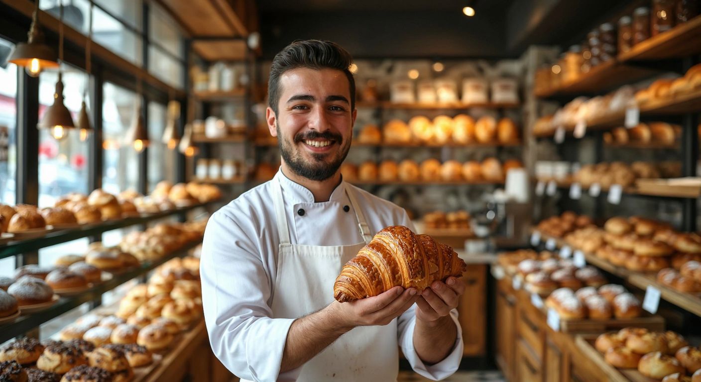 A smiling Turkish chef in a white apron proudly holding a golden, flaky croissant in a cozy Istanbul bakery filled with warm light and shelves of fresh pastries.