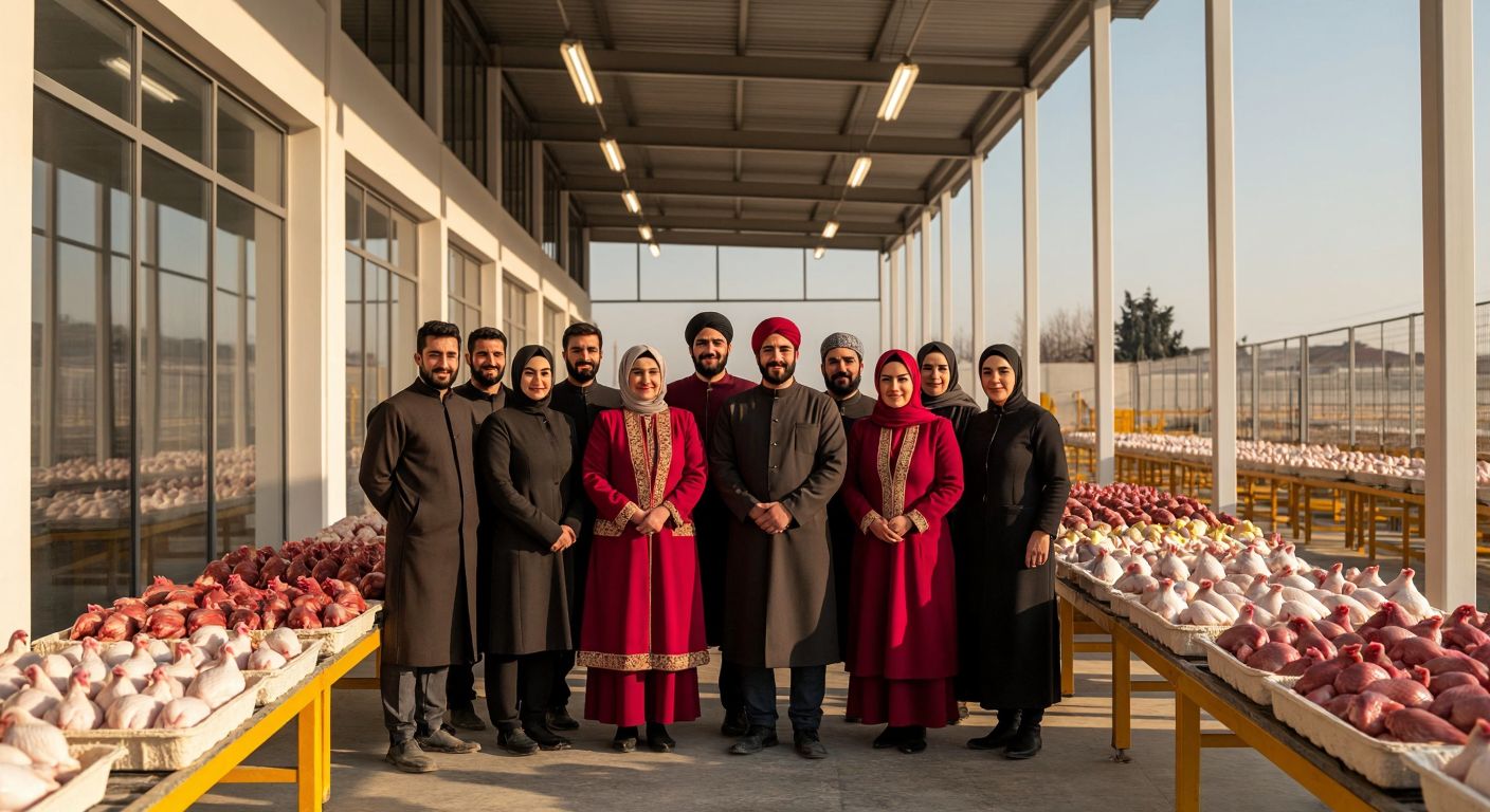 A group of people in traditional Turkish attire standing proudly in front of a modern poultry processing facility in Istanbul, with golden sunlight reflecting off the building’s clean white walls and trays of fresh, neatly arranged chicken products visible through large windows.