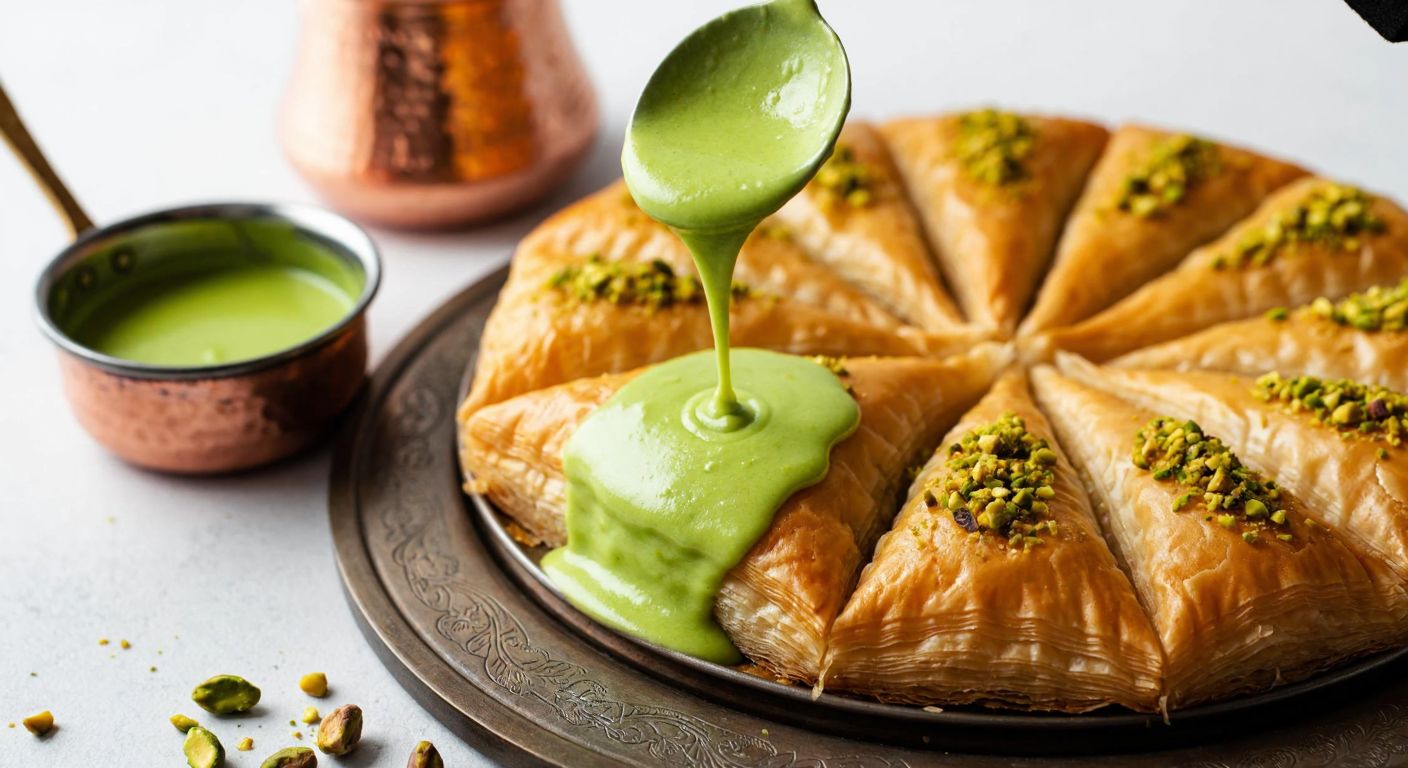 A vibrant green pistachio cream being drizzled over a golden baklava, with crushed pistachios sprinkled on top and a traditional Turkish copper bowl filled with more cream nearby.