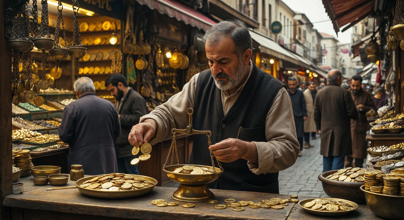 A Turkish jeweler in a bustling bazaar carefully weighing gold coins on a brass scale, while a customer contemplates the decision with a mix of curiosity and caution.