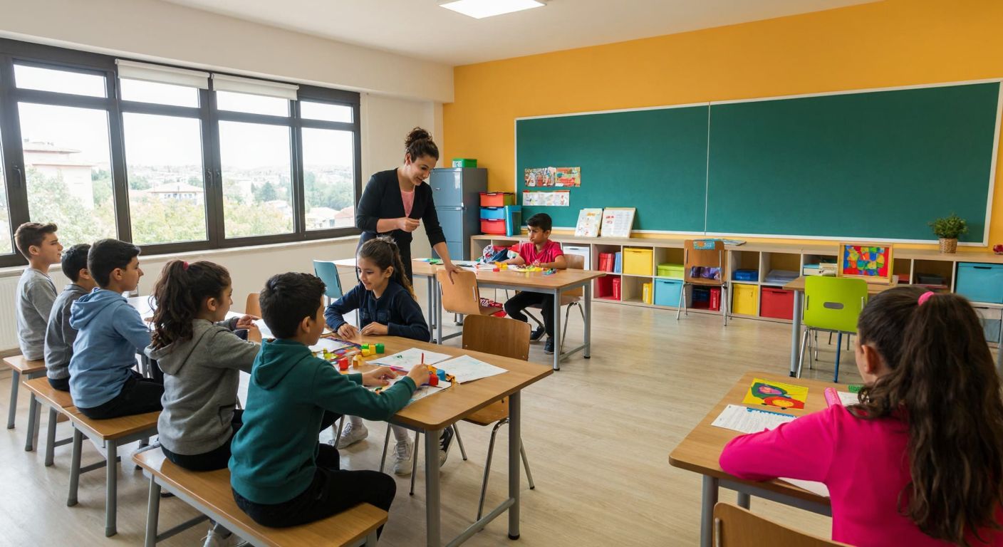 A bright, modern classroom in Turkey with diverse students engaged in hands-on learning activities, surrounded by colorful educational materials and a warm, encouraging teacher guiding them.