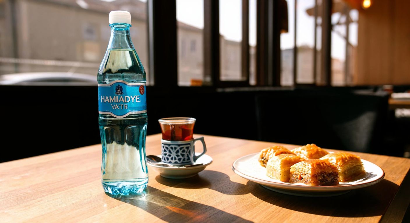 A glass bottle of Hamidiye water resting on a wooden table in a sunlit Turkish café, with a traditional ceramic tea glass and a plate of baklava beside it.