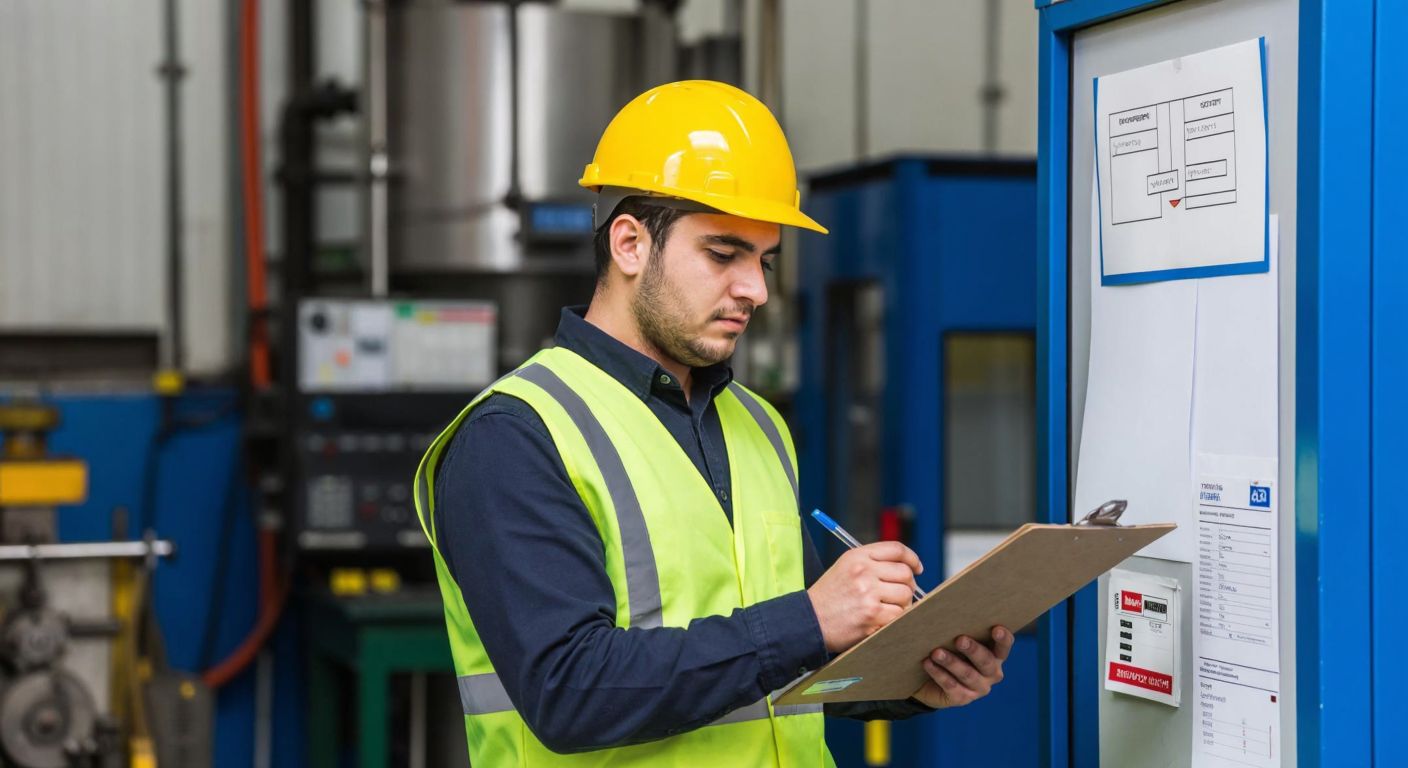 A Turkish factory worker in a hard hat and safety vest carefully examines a checklist while standing near industrial machinery, with a focused expression and a structured flowchart pinned to a nearby bulletin board.