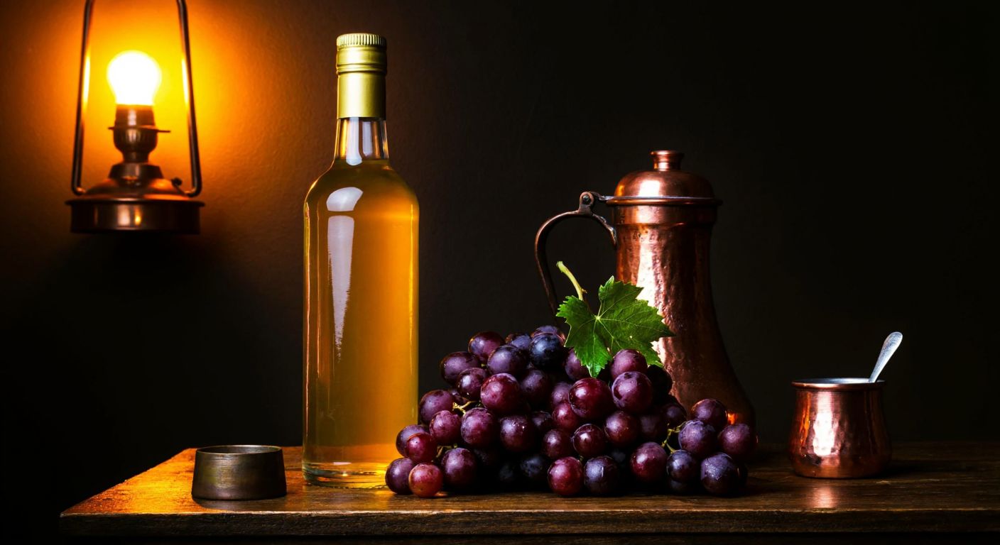 A clear glass bottle filled with golden-hued rakı sits beside a cluster of ripe purple grapes and a small copper still under the warm glow of a Turkish tavern's lantern.