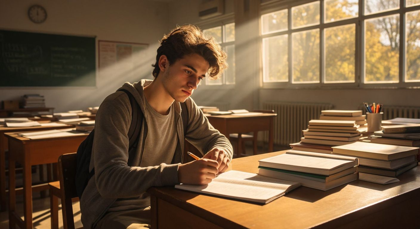 A focused young student sits at a wooden desk in a sunlit classroom at Istanbul Technical University, surrounded by scattered English textbooks and a notebook, nervously gripping a pen while listening intently to an unseen lecturer.