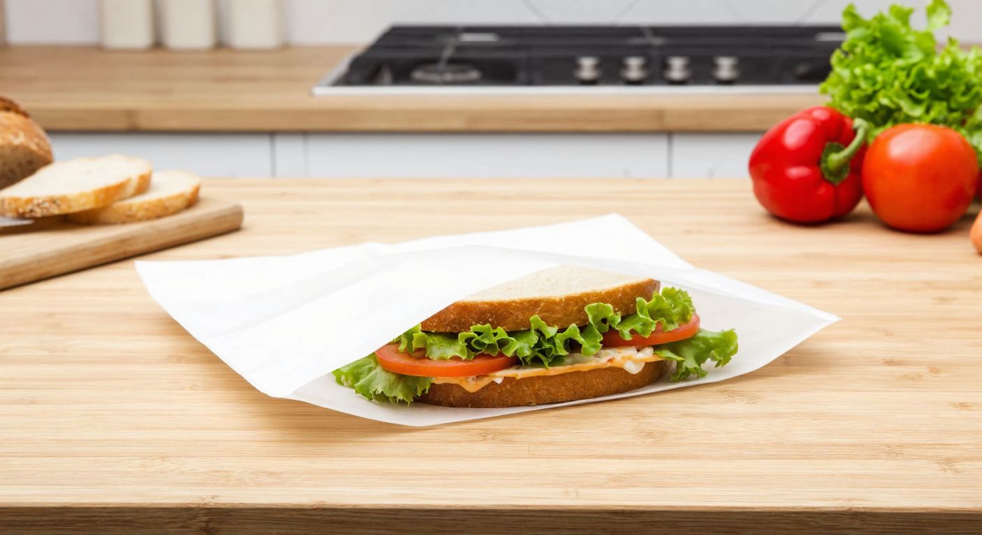 A neatly wrapped sandwich in a glossy, grease-proof paper bag placed on a wooden kitchen counter, with fresh vegetables and bread slices nearby, evoking a sense of health and cleanliness.