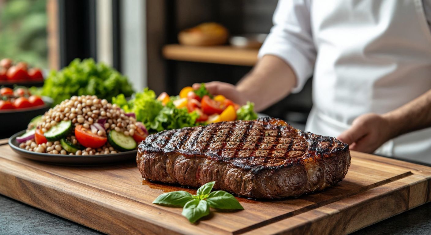 A juicy, grilled bonfile steak resting on a wooden cutting board beside a colorful salad of fresh vegetables and whole grains, with a Turkish chef in a white apron smiling as he prepares the balanced meal.