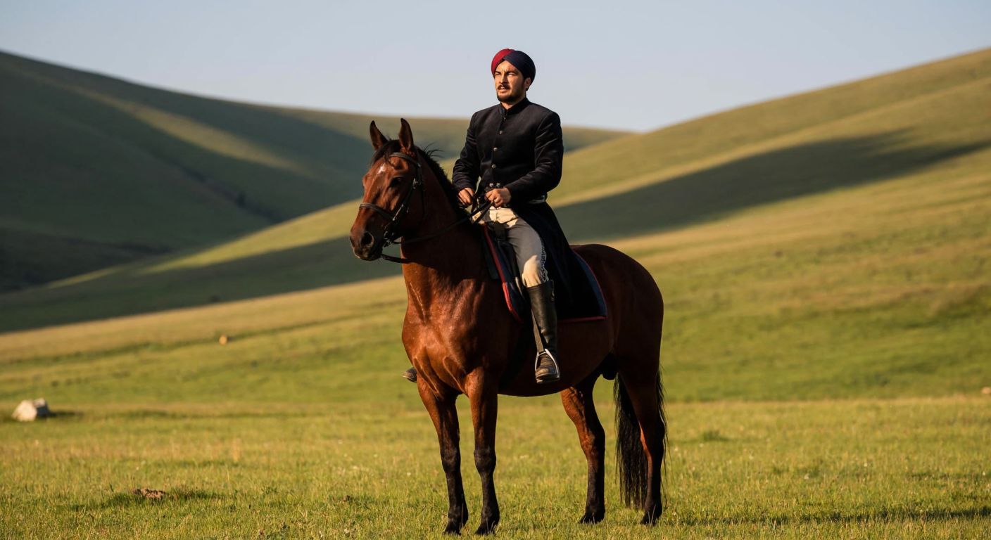 A Turkish man in traditional riding attire confidently sits atop a majestic brown horse in a sunlit meadow, with rolling green hills in the background.