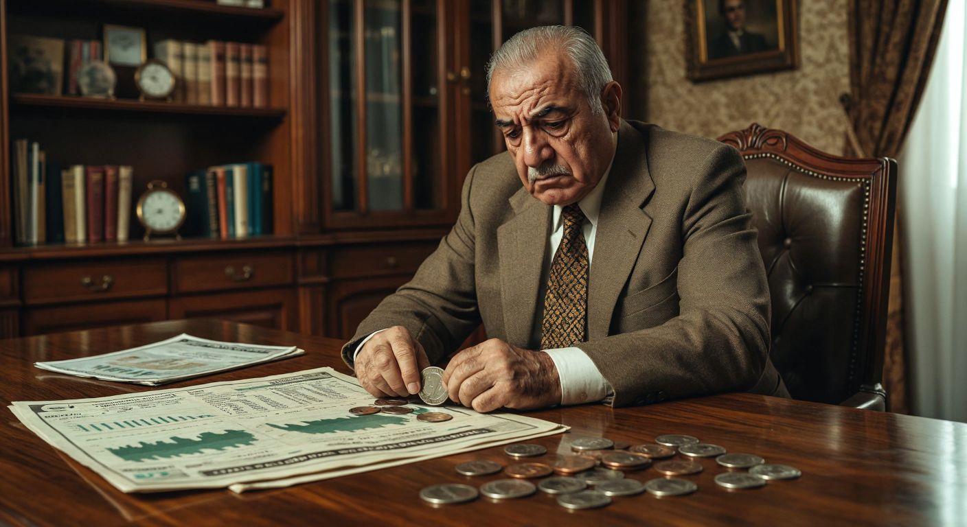 An elderly Turkish man in a 1980s-style suit sits at a wooden desk, frowning thoughtfully at a faded newspaper with financial charts while holding a handful of German Marks and Turkish Lira coins.