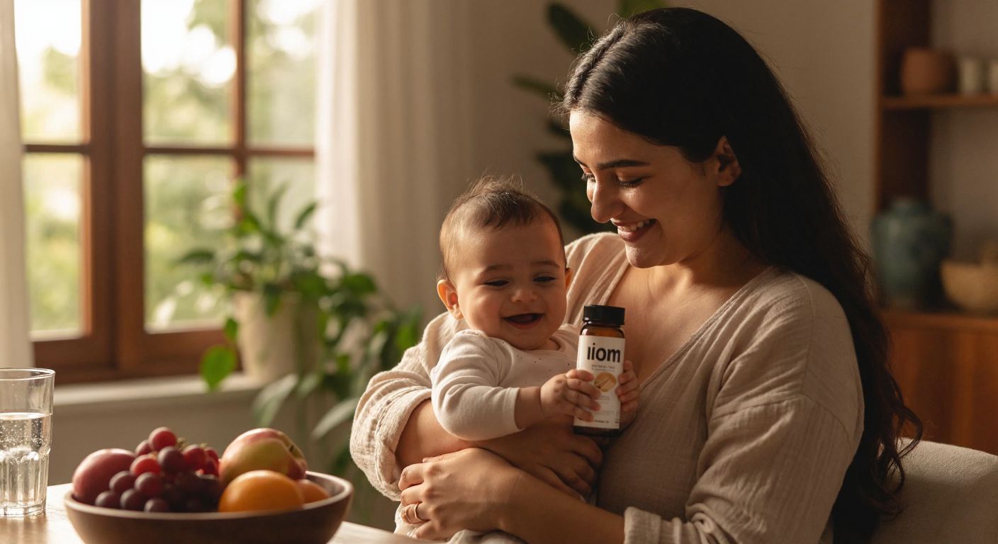 A warm, softly lit scene of a smiling Turkish mother in a cozy home, gently cradling her baby while holding a small bottle of iMom Latte capsules, with a bowl of fresh fruit and a glass of water nearby.