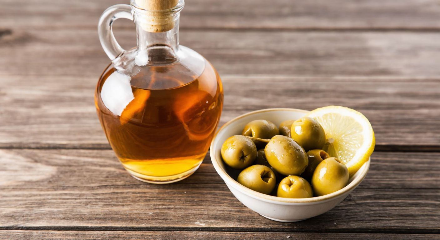 A clear glass bottle of vermouth with a golden-brown liquid inside, placed on a rustic wooden table beside a small bowl of green olives and a slice of lemon, evoking a relaxed Mediterranean ambiance.
