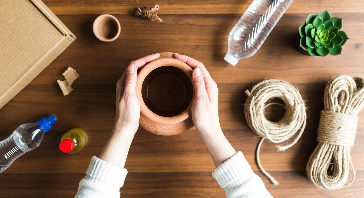 A pair of hands carefully shaping a rustic clay pot on a wooden table, surrounded by scattered materials like cardboard strips, plastic bottles, and coiled jute rope, with a small potted succulent nearby.