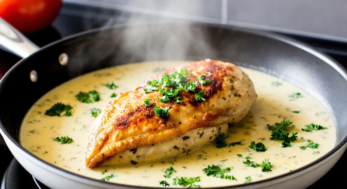 A golden-brown chicken breast sizzling in a creamy, herb-infused sauce on a stovetop pan, with steam rising and fresh parsley sprinkled on top, set against a warm kitchen backdrop in Turkey.