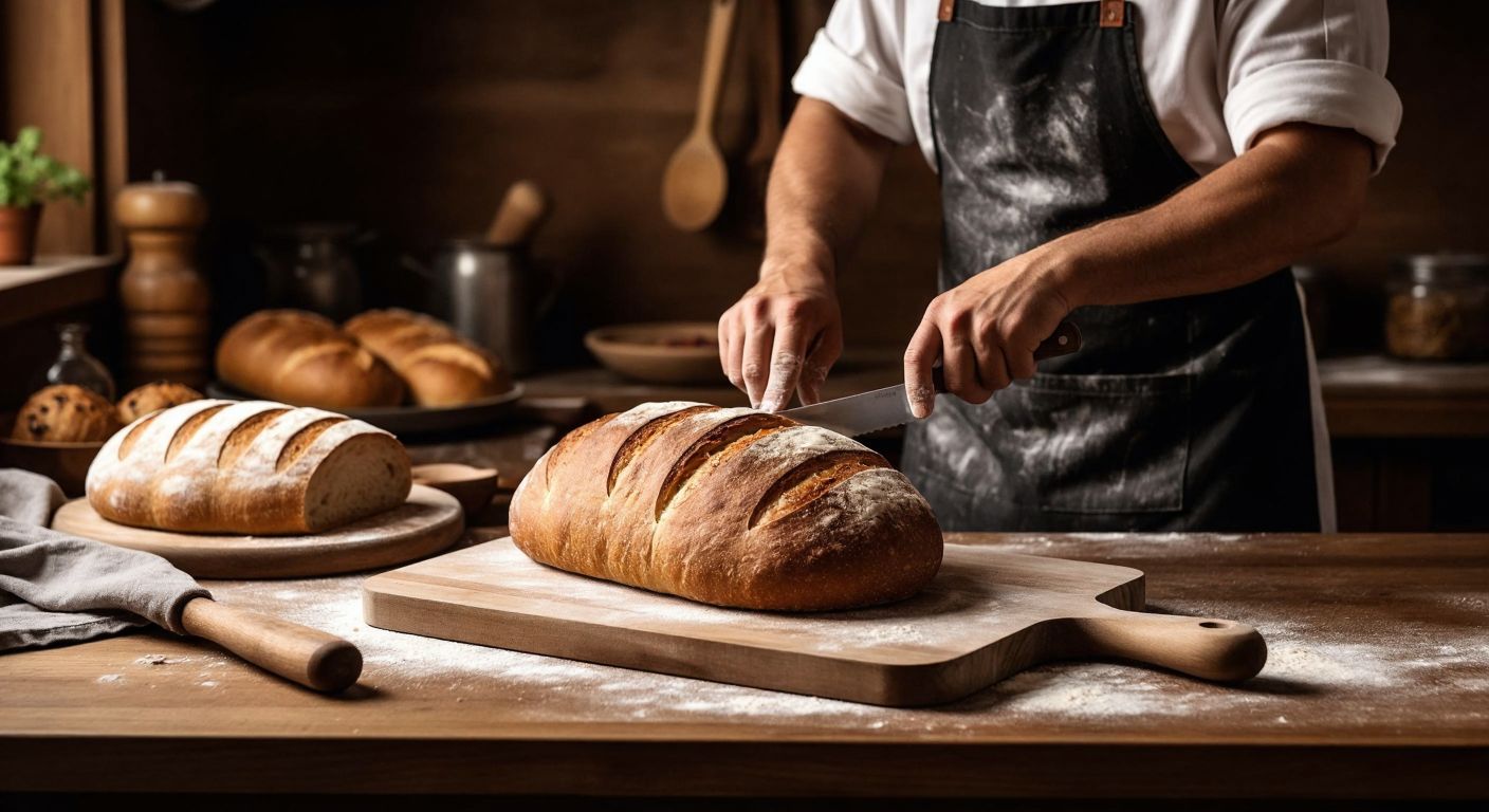 A Turkish baker in a flour-dusted apron carefully slices a golden-crusted loaf on a wooden cutting board using a serrated bread knife, while a long-handled wooden peel rests nearby on a rustic kitchen counter.