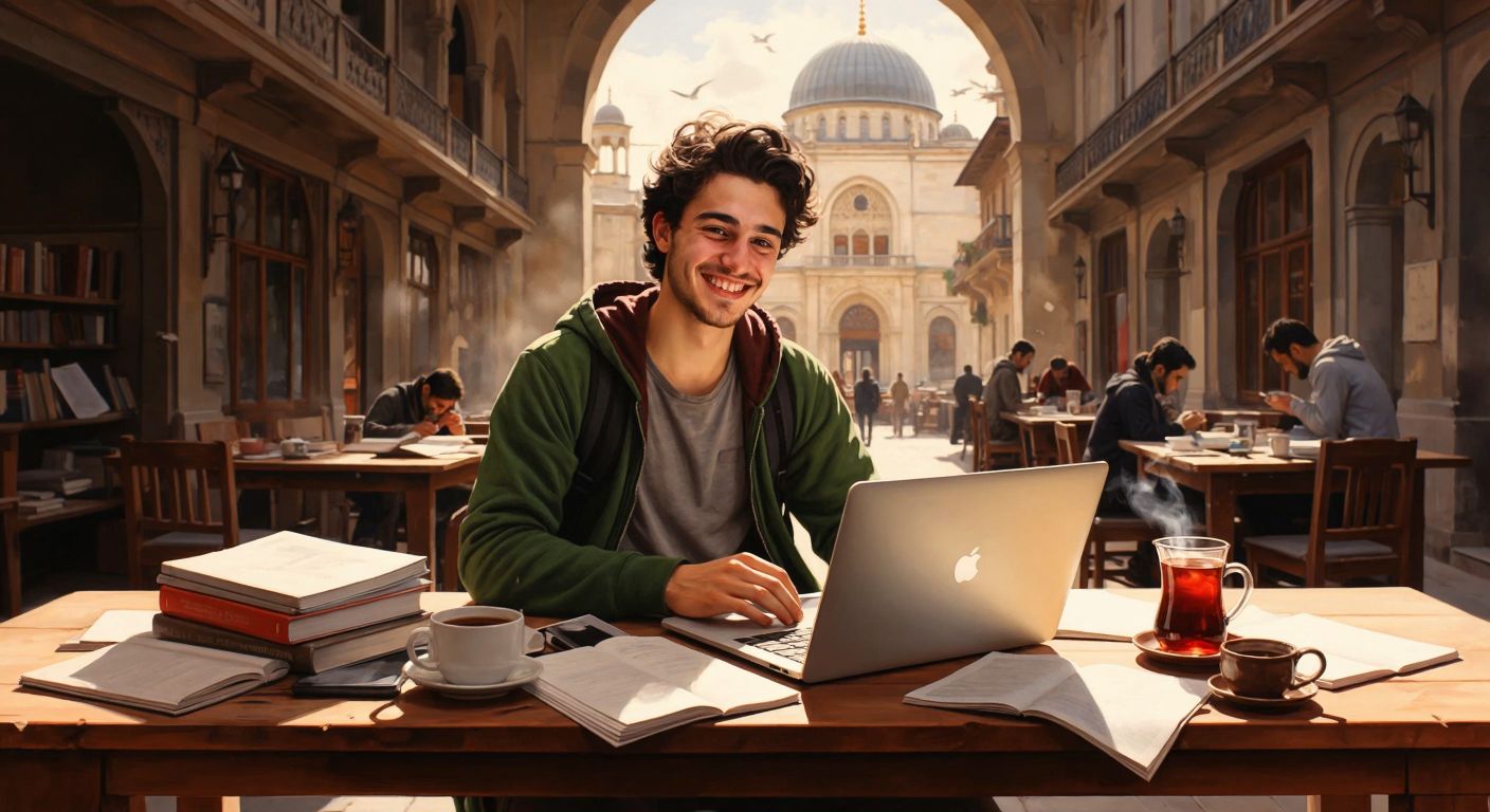 A young student in Istanbul sits at a wooden desk with a laptop open, smiling as they navigate a university portal, surrounded by scattered notebooks and a steaming cup of Turkish tea.