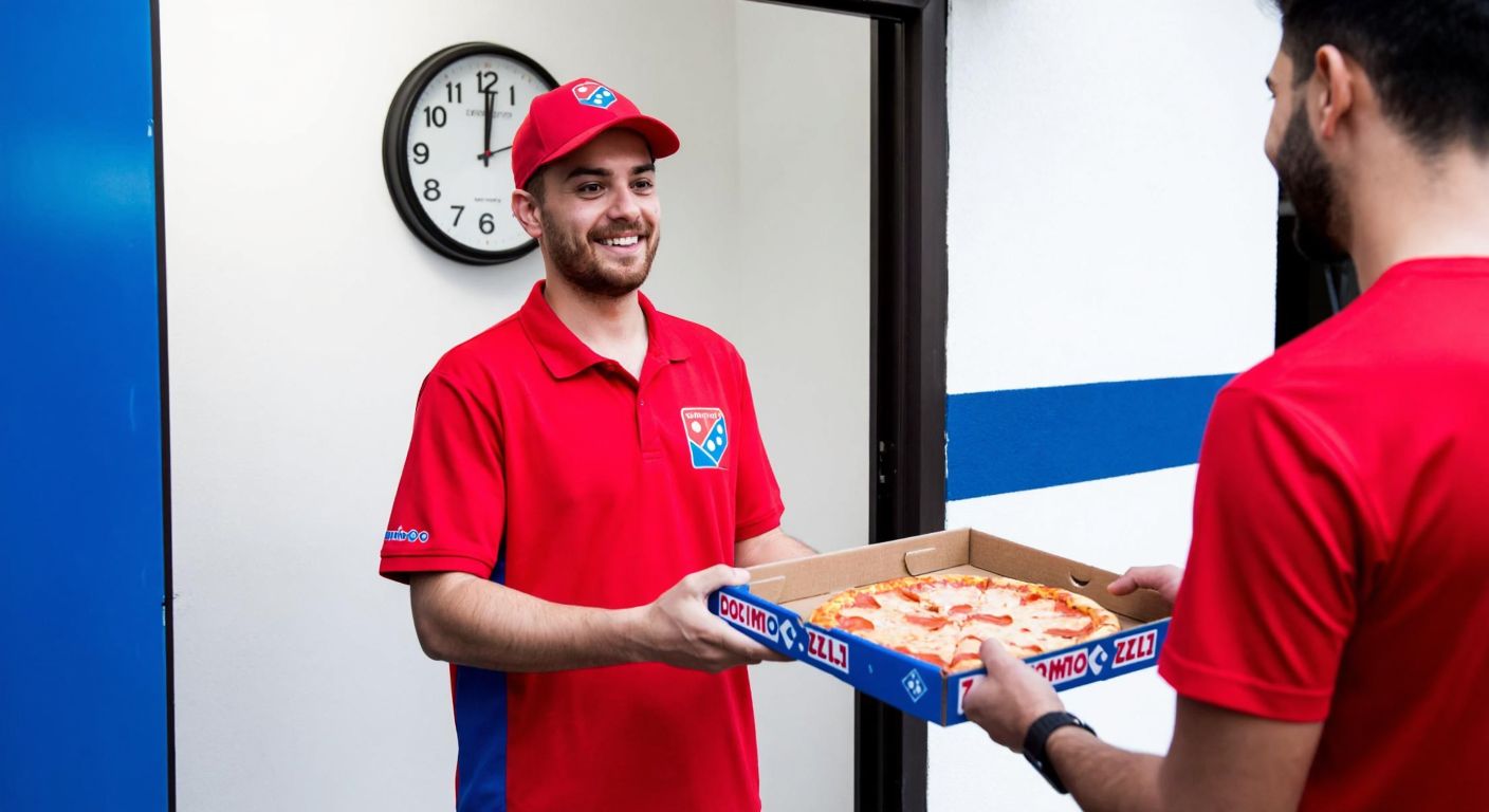 A smiling Domino's delivery person in a red uniform hands a hot pizza box to a waiting customer at a doorstep in Turkey, with a clock showing 30 minutes in the background.