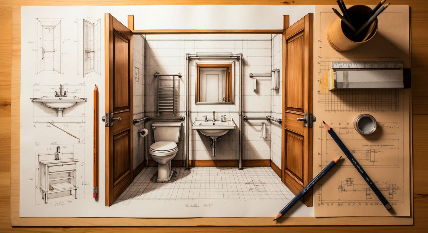A detailed architectural blueprint of an accessible restroom in Turkey, featuring a wide outward-opening door, a lowered sink, grab bars beside the toilet, and a tilted mirror, with a drafting compass and ruler resting nearby.