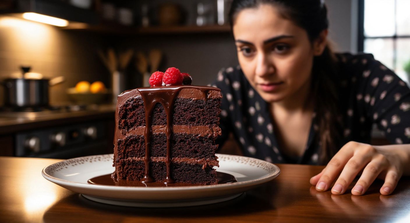 A moist chocolate cake slice on a small plate, dripping with rich syrup, placed beside a concerned woman in a Turkish kitchen, her hand hesitating near the dessert.