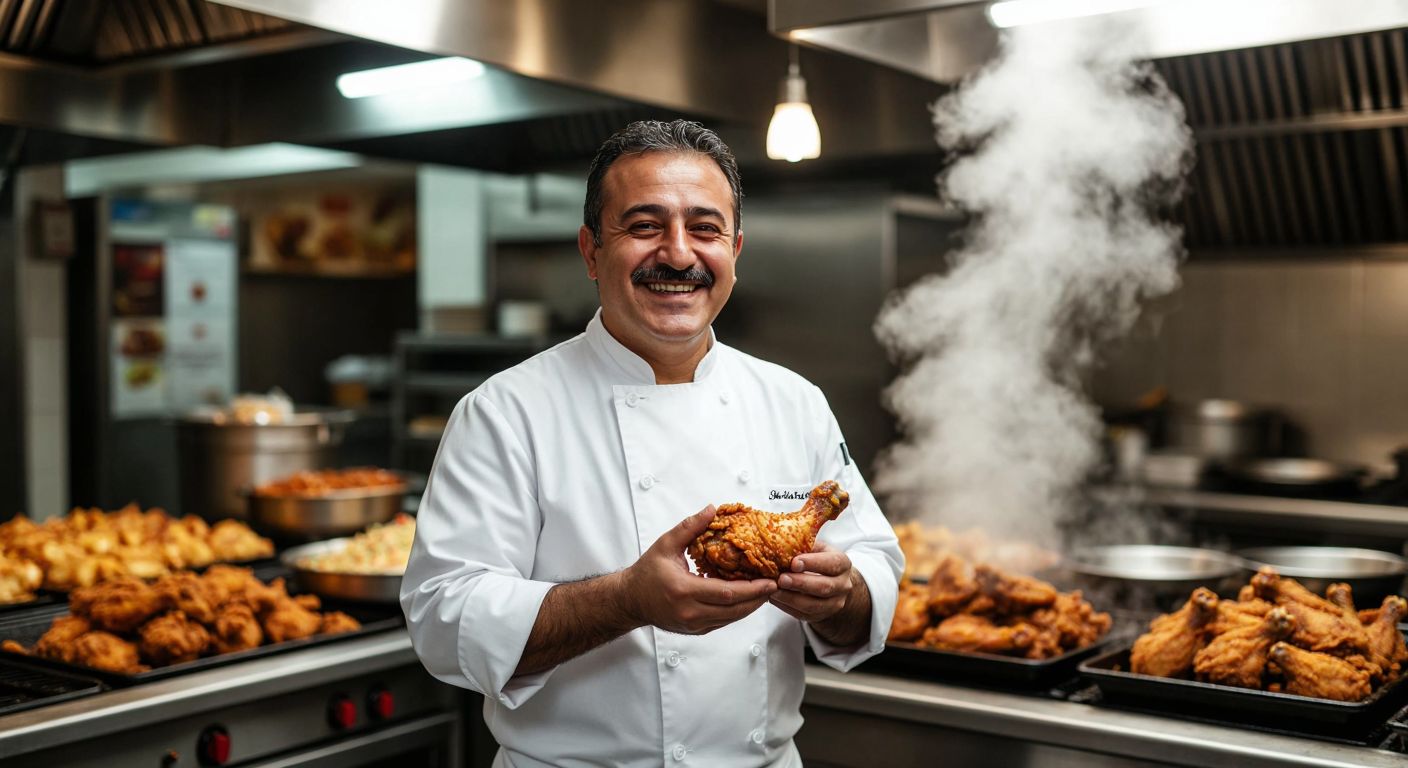 A smiling middle-aged Turkish man in a crisp white chef's jacket stands proudly in front of a bustling fried chicken restaurant kitchen, holding a golden-brown crispy chicken piece while steam rises from freshly cooked batches behind him.