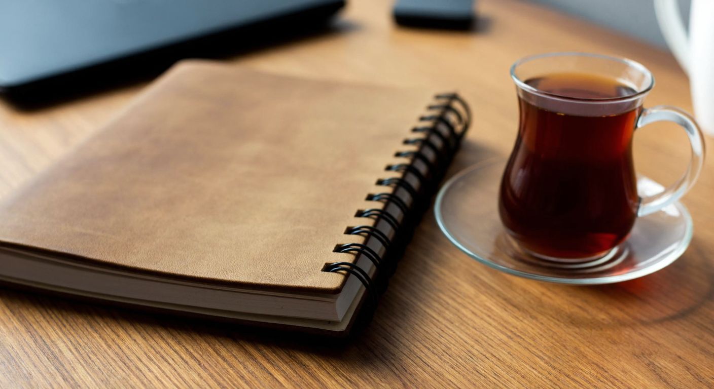 A close-up of a sturdy spiral-bound notebook with a thick, textured cover in muted earth tones, resting on a wooden desk beside a steaming cup of Turkish tea, conveying both quality craftsmanship and everyday practicality.