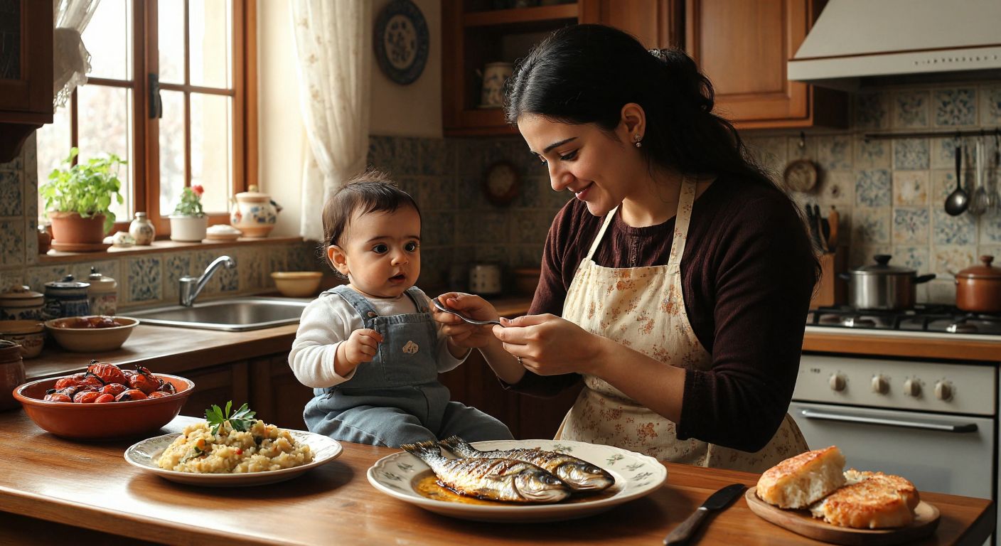 A Turkish mother in a cozy kitchen gently holds a spoon near her curious six-month-old baby, while a small plate of well-cooked fish sits on the table beside a bowl of mashed vegetables.