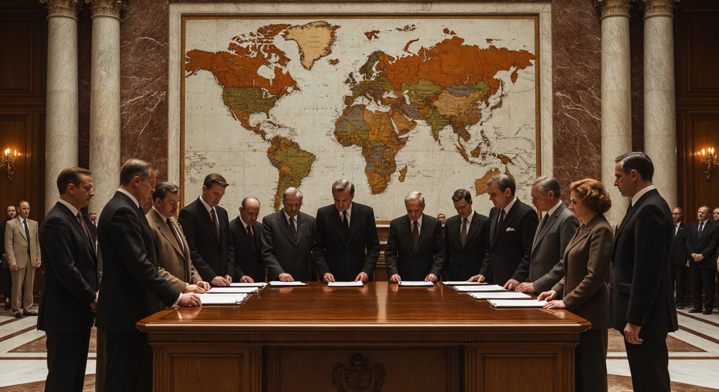 A solemn group of diplomats in mid-20th century formal attire stand around a large wooden table in a grand European hall, reviewing documents with expressions of focused determination, while a faded map of war-torn Europe hangs on the marble wall behind them.