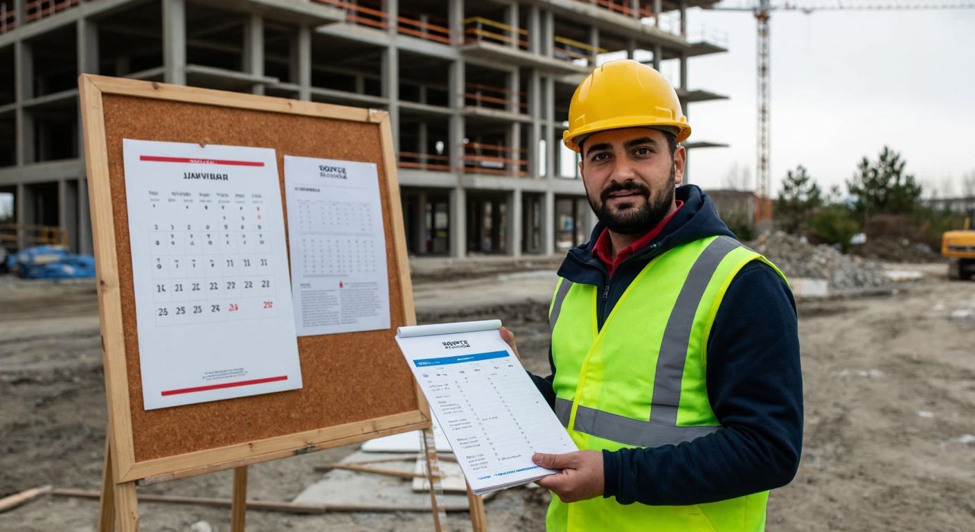 A Turkish engineer in a hard hat and work vest stands in front of a construction site, holding a printed price list with a calendar page showing January 2025 pinned to a bulletin board nearby.